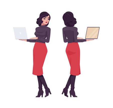 Pretty brunette girl, modern elegant woman with laptop. Business lady, slim fit pencil red skirt, black turtleneck. Vector flat style cartoon illustration isolated, white background, front, rear viewのイラスト素材