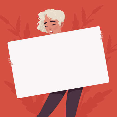 Beautiful blonde woman with white dyed hair, copy space banner. Smart cute modern female social media profile picture. Vector flat style creative illustration, red plant backgroundのイラスト素材