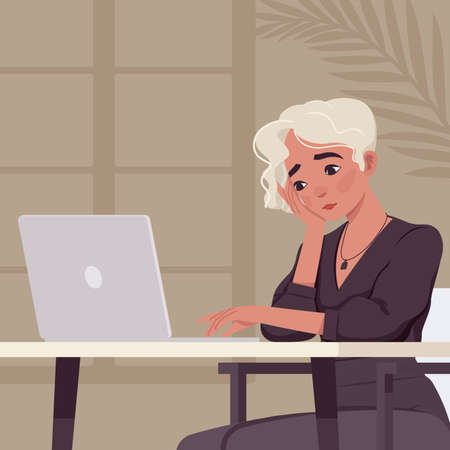 Beautiful blonde woman with white dyed hair busy at laptop. Smart businesswoman, cute modern female social media profile picture. Vector flat style creative illustration, beige plant backgroundのイラスト素材