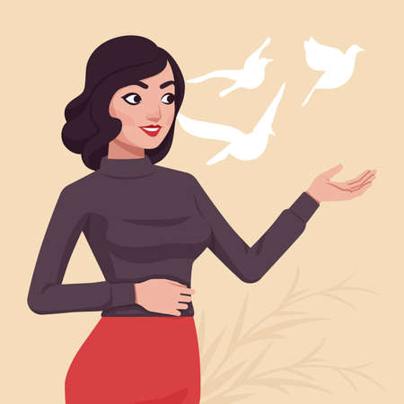 Beautiful business lady, elegant businesswoman, female executive at presentation. Smart modern female social media profile picture. Vector flat style creative illustration, beige, birds fly backgroundのイラスト素材