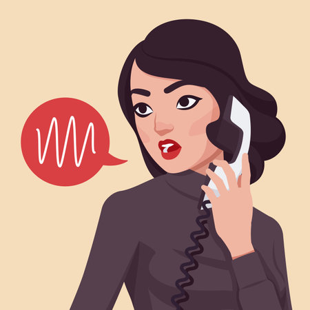 Woman talking on phone, beautiful lady portrait with retro tube. Smart modern female social media profile picture. Vector flat style creative illustration, beige background, speech bubbleのイラスト素材