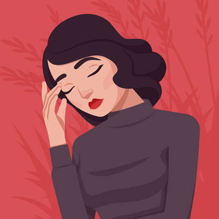 Woman feeling headache, pain, beautiful sad lady portrait. Smart modern female social media profile...