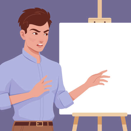 Young handsome businessman portrait, presentation at empty board. Smart serious manager, cute stylish student, guy in formal office wear full sleeves shirt. Vector flat style creative illustrationのイラスト素材