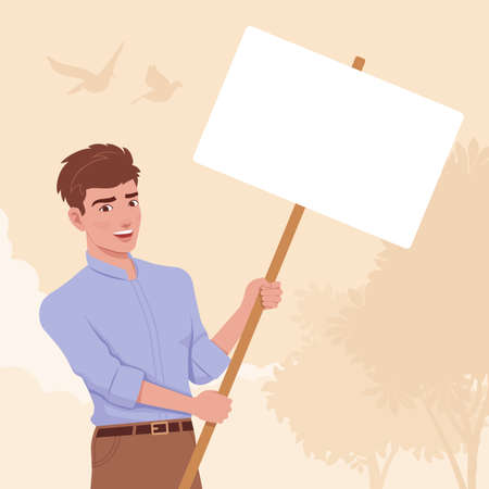 Young handsome businessman holding copy space empty stick banner. Active smart stylish student, guy in formal office wear full sleeves shirt. Vector flat style creative illustration, plant backgroundのイラスト素材
