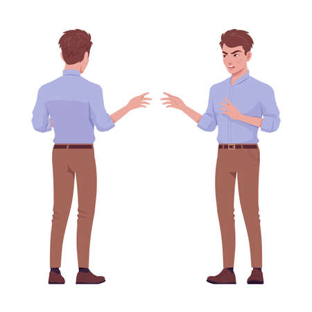 Young handsome businessman standing, hand gesture pointing in talk. Corporate trainer, office boy, male manager. Vector flat style cartoon character isolated on white background, front, rear viewのイラスト素材