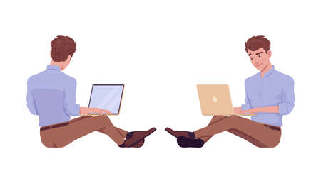 Young businessman sitting at floor with laptop, working online. Busy office attire boy, male manager in formal wear. Vector flat style cartoon character isolated on white background, front, rear viewのイラスト素材