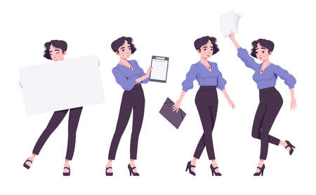Office worker set, young businesswoman, female employee with paper. Brunette smart girl in formal wear. Vector flat style cartoon character isolated on white background, different posesのイラスト素材