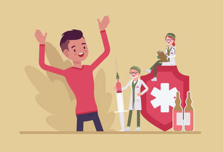 Happy healthy man, vaccine or booster shot, clinic vaccination. Male patient, medicine service care research and illness prevention. Vector flat style creative illustration, health, healthcare conceptのイラスト素材