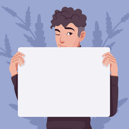 Young handsome businessman portrait, holding empty copy space banner. Office man, business look smart guy, black turtleneck sweater outfit, social media profile picture. Vector flat style illustrationのイラスト素材