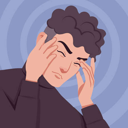 Young handsome businessman portrait, suffering with migraine, headache. Office man, business smart guy, black turtleneck sweater outfit, social media profile picture. Vector flat style illustrationのイラスト素材