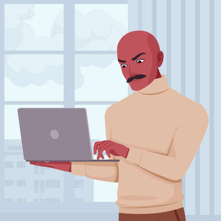 Handsome confident guy, spanish man, Latin America person with laptop. Office man, business look smart manager in beige turtleneck sweater, social media profile picture. Vector flat style illustrationのイラスト素材
