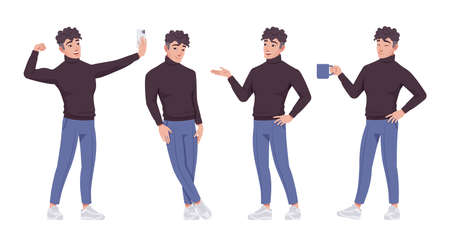 Office worker set, young businessman, male employee standing positive emotions. Brunette smart tall boy in formal wear. Vector flat style cartoon character isolated, white background, different posesのイラスト素材