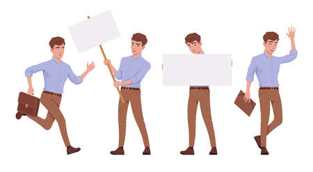 Young handsome businessman set, man busy with copy space banner. Office attire boy, smart male manager formal wear. Vector flat style cartoon character isolated, white background, different positionのイラスト素材