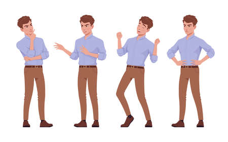 Young handsome businessman set standing pose, positive emotion. Office attire boy, smart male manager formal wear. Vector flat style cartoon character isolated, white background, different positionsのイラスト素材