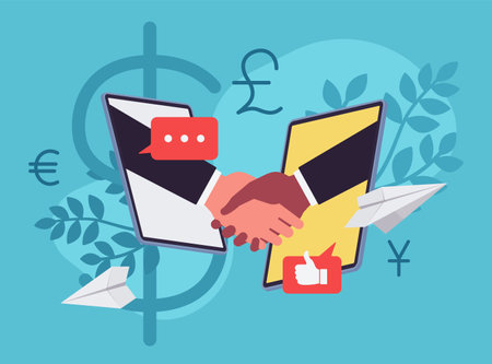Online business deal, screen handshake to start and grow profitable e-commerce marketplace, businessmen agreement developing sales, digital marketing opportunity application. Vector illustrationのイラスト素材