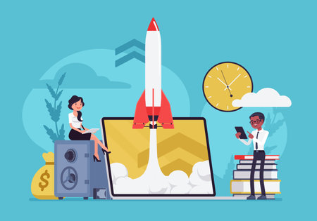 Team launching rocket, going to market, start own business, busy entrepreneurs startup, inspiration of successful business owner, aspiring prospective entrepreneurs, future growth. Vector illustrationのイラスト素材