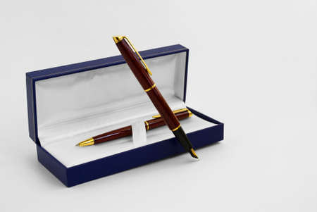 Two pens, one of which lies in a case, another pen in a verticalの写真素材