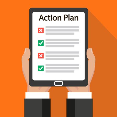 Businessman hands with tablet with checkmark in a flat designのイラスト素材