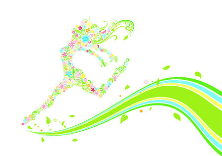 woman from flowers run on green lineのイラスト素材