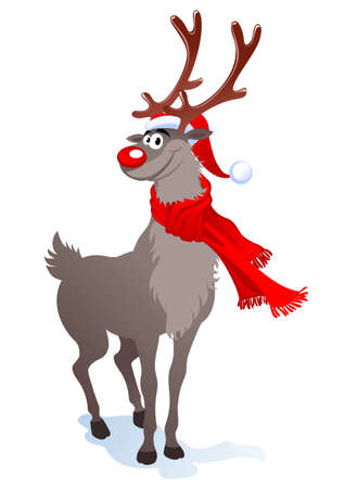 Cartoon smiling reindeer in santa hat.   illustration can be scale to any size.のイラスト素材