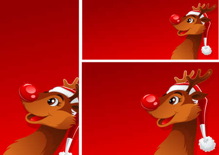 Three blank red banners with young happy reindeerのイラスト素材