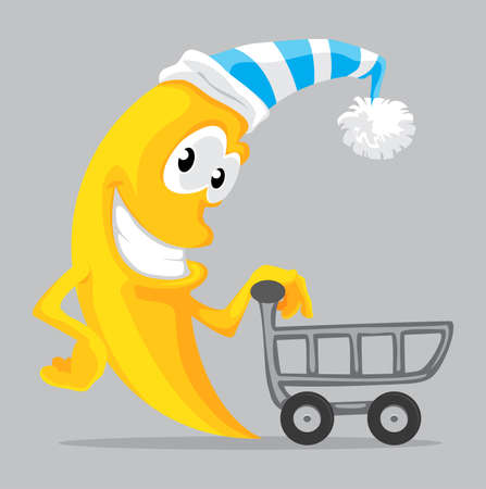 Happy cartoon moon hold shopping cart  Illustration for nightのイラスト素材