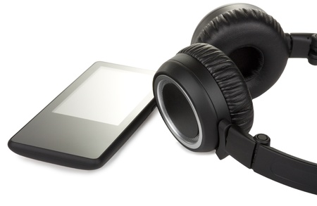 modern audio player and headphones isolated on white backgroundの写真素材