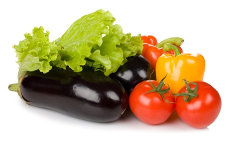 fresh eggplant, tomato, pepper and lettuce isolated on white backgroundの写真素材