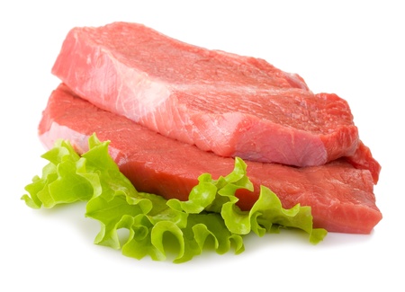 slices beef and lettuce isolated on white backgroundの写真素材