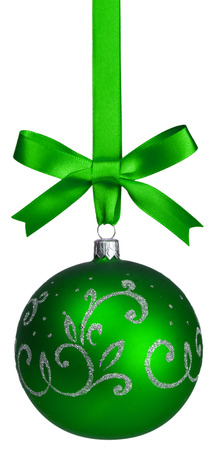 green christmas ball hanging with ribbons on white backgroundの写真素材