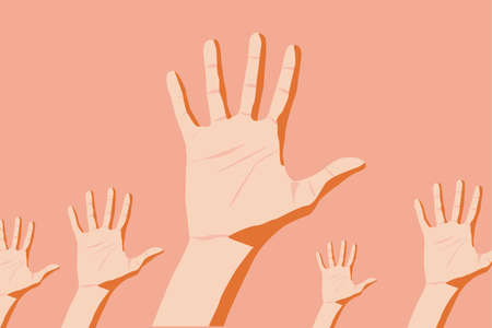 Contemporary art illustration collage. Concept of Helping. Five open pink hands showing their palm...