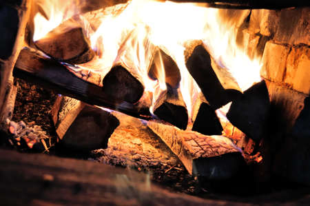 Bright fire in the fireplace. Russia. Pskov.