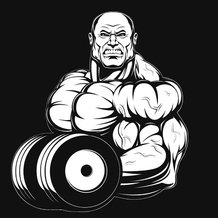 Illustration, a ferocious bodybuilder with dumbbellのイラスト素材