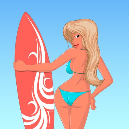 Vector illustration,beautiful girl with a surfboardのイラスト素材