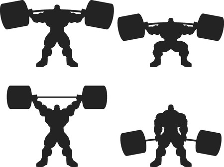 Illustration, a ferocious bodybuilder with a barbell, vector silhouette,setのイラスト素材