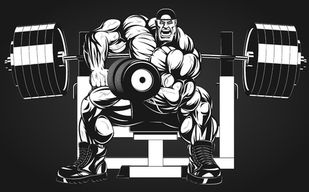 Vector illustration, bodybuilder doing exercise with dumbbells for bicepsのイラスト素材