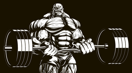 Vector illustration, bodybuilder doing exercise with barbell for bicepsのイラスト素材