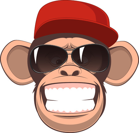 Vector illustration, funny chimpanzee in a baseball cap and glasses smilingのイラスト素材