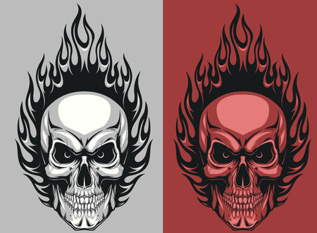 Vector illustration of a human skull with flames