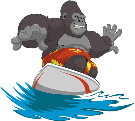 Vector illustration of funny gorilla riding the waves on a surfboardのイラスト素材