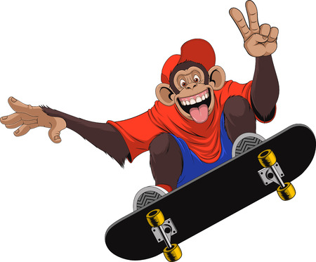 Vector illustration of funny monkey chimp rides a board skateboardのイラスト素材