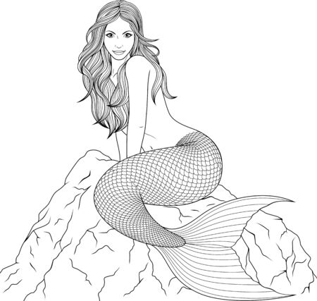 Illustration of beautiful mermaid sits on a stone.のイラスト素材