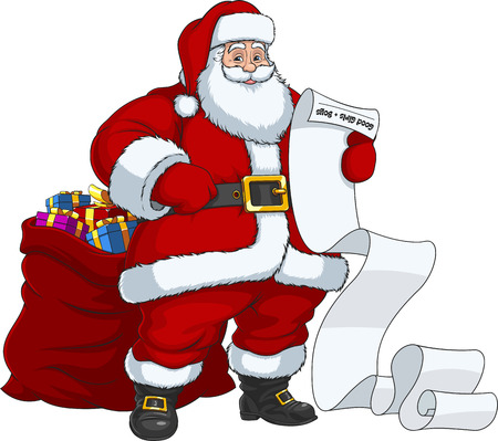 Vector illustration, Santa Claus with a large bag of gifts reading the list of children.のイラスト素材