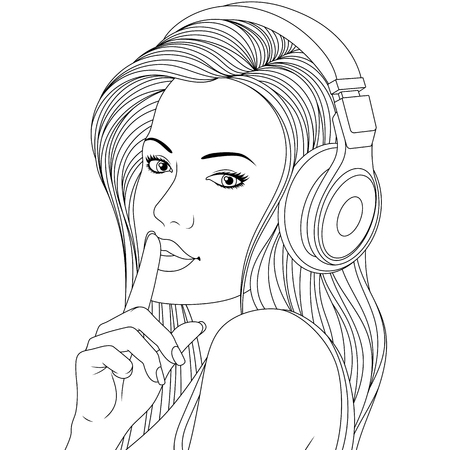 Vector illustration, beautiful girl listening to music on headphones
, Ñoloring pages, on white background.のイラスト素材