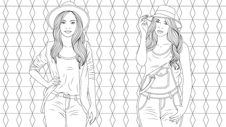 Vector illustration, Two stylish beautiful girls, coloring, on a vector backgroundのイラスト素材