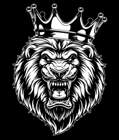 a ferocious lion head wearing a crown, on a black background.