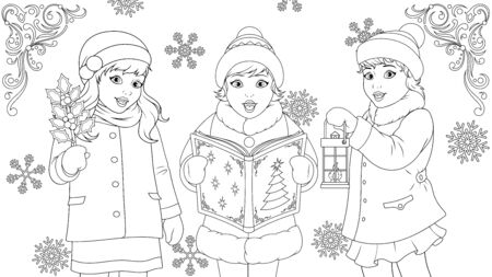 funny kids singing for Christmas, coloring book, school children choirのイラスト素材