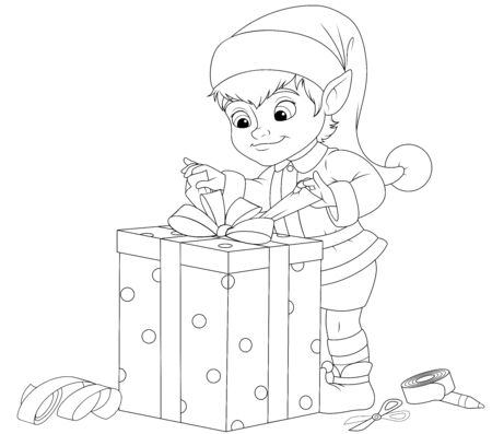 elf decorates gift box with ribbon, coloring bookのイラスト素材