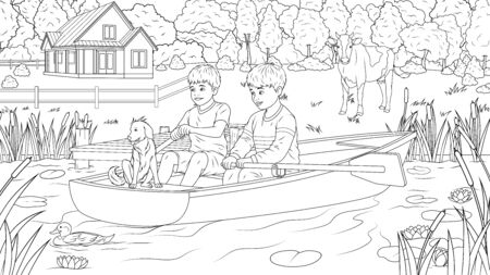 Vector illustration, Children ride a boat in a pond, coloring book.のイラスト素材