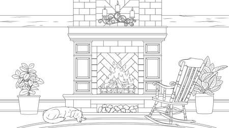 Vector illustration, vintage fireplace with rocking chair and sleeping dog, coloring book.のイラスト素材